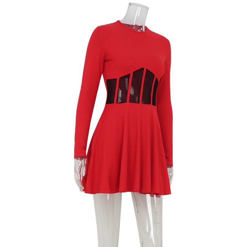 Women Half High Collar Long Sleeves h Fishbone Tight Waist Short Dress